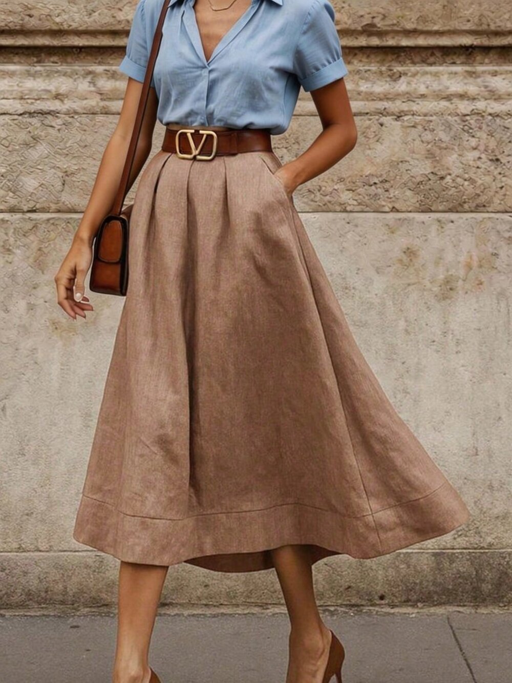 Khaki Casual Women's Vacation Skirt With Double Pockets - Picture 3 of 5